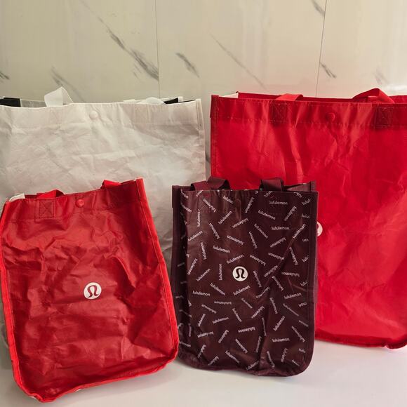 LULULEMON Lot Of 4 Reusable Tote Shopping Bags Red White Maroon Small Large - Picture 1 of 7